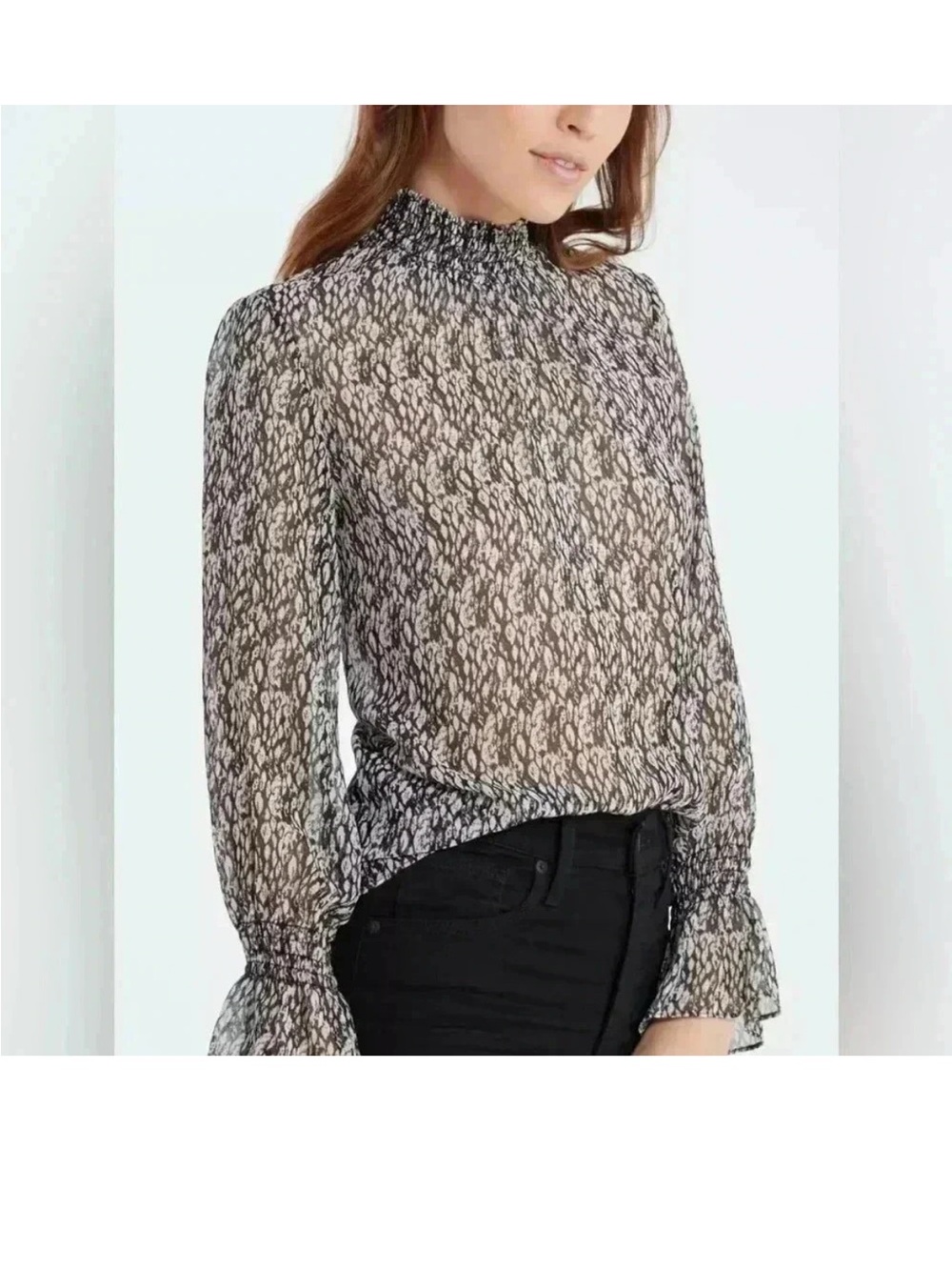 Misa Los Angeles Womens Black & White Printed High-Neck Sheer Silk  Blouse